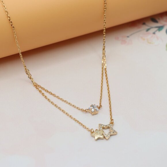 "Double-Layered Rose Gold Necklace with Sparkling Star Charms, XPNL0152 - Picture 8 of 14